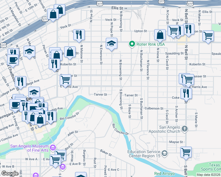 map of restaurants, bars, coffee shops, grocery stores, and more near 700-750 East Harris Avenue in San Angelo