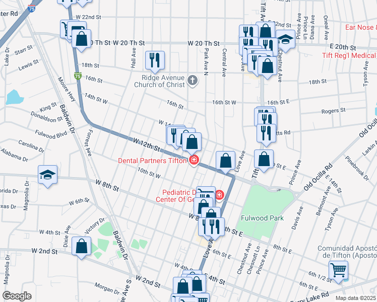 map of restaurants, bars, coffee shops, grocery stores, and more near 1201 North Ridge Avenue in Tifton