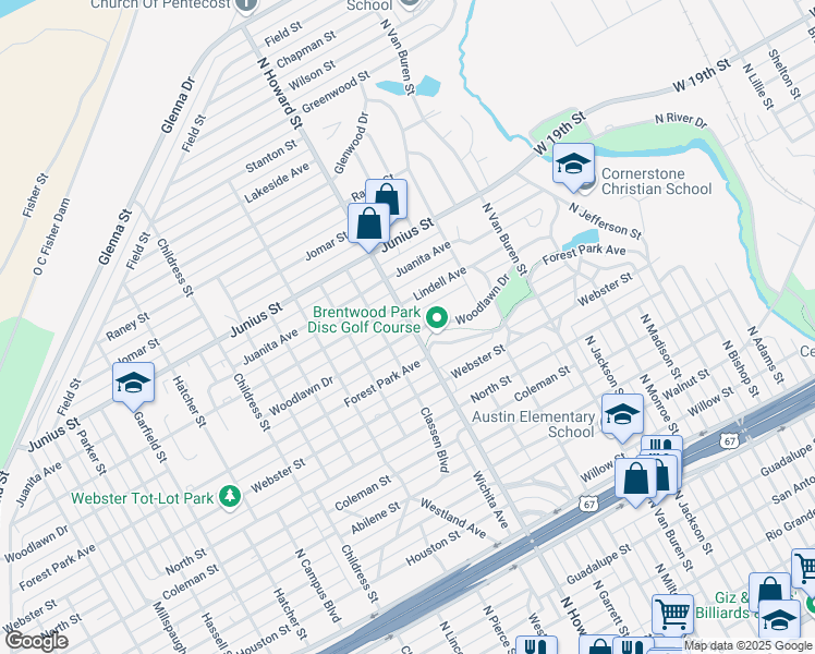 map of restaurants, bars, coffee shops, grocery stores, and more near 2014 Woodlawn Drive in San Angelo