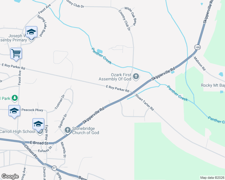 map of restaurants, bars, coffee shops, grocery stores, and more near 1001-1099 East Roy Parker Road in Ozark