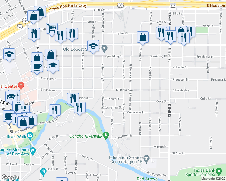 map of restaurants, bars, coffee shops, grocery stores, and more near 941 East Harris Avenue in San Angelo