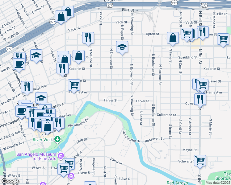 map of restaurants, bars, coffee shops, grocery stores, and more near 700-750 East Harris Avenue in San Angelo