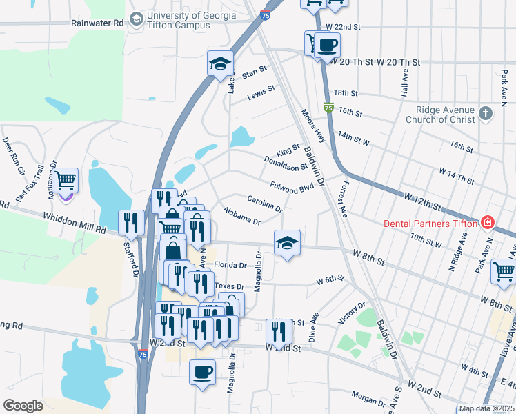 map of restaurants, bars, coffee shops, grocery stores, and more near 214 Carolina Drive in Tifton