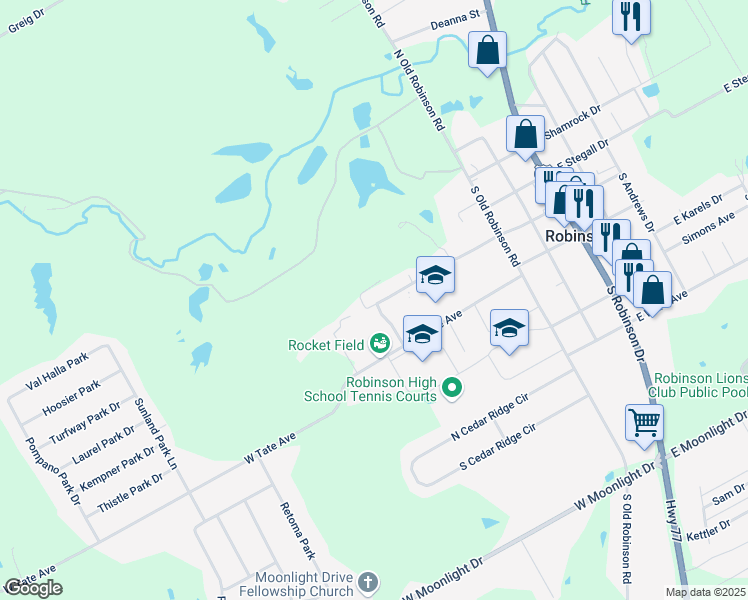 map of restaurants, bars, coffee shops, grocery stores, and more near 569 West Lyndale Drive in Robinson