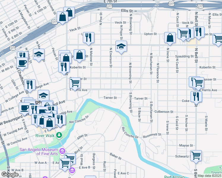 map of restaurants, bars, coffee shops, grocery stores, and more near 700 East Harris Avenue in San Angelo
