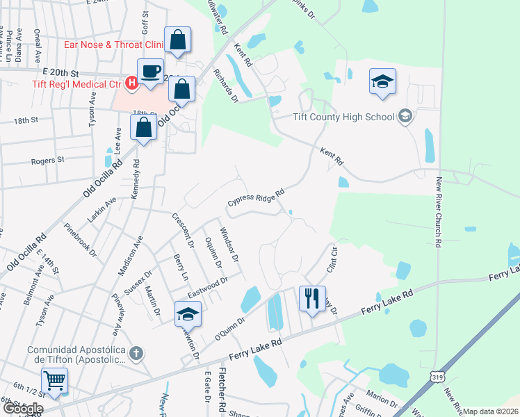 map of restaurants, bars, coffee shops, grocery stores, and more near 216 Cypress Ridge Road in Tifton