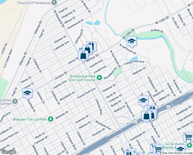 map of restaurants, bars, coffee shops, grocery stores, and more near 2014 Woodlawn Drive in San Angelo