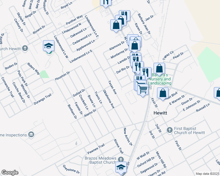 map of restaurants, bars, coffee shops, grocery stores, and more near 233 Texas Avenue in Hewitt