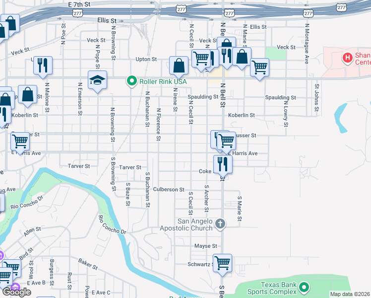 map of restaurants, bars, coffee shops, grocery stores, and more near 2-98 North Cecil Street in San Angelo
