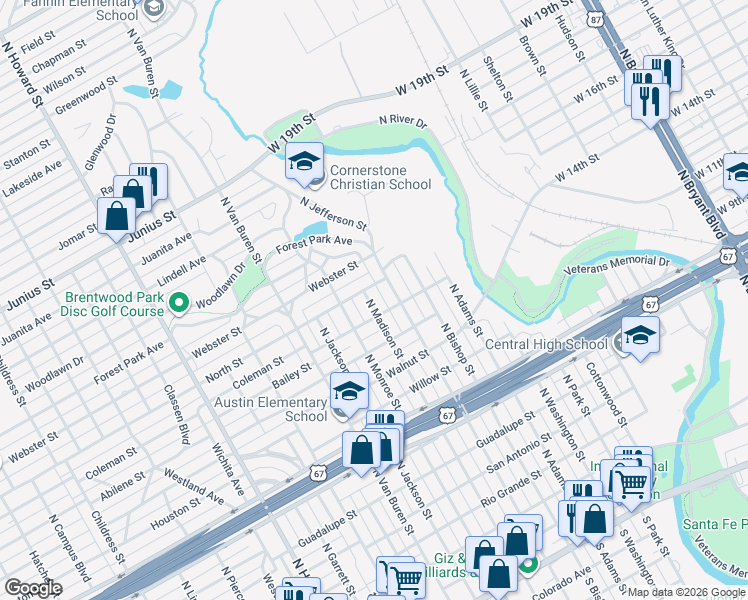 map of restaurants, bars, coffee shops, grocery stores, and more near 1012 North Madison Street in San Angelo