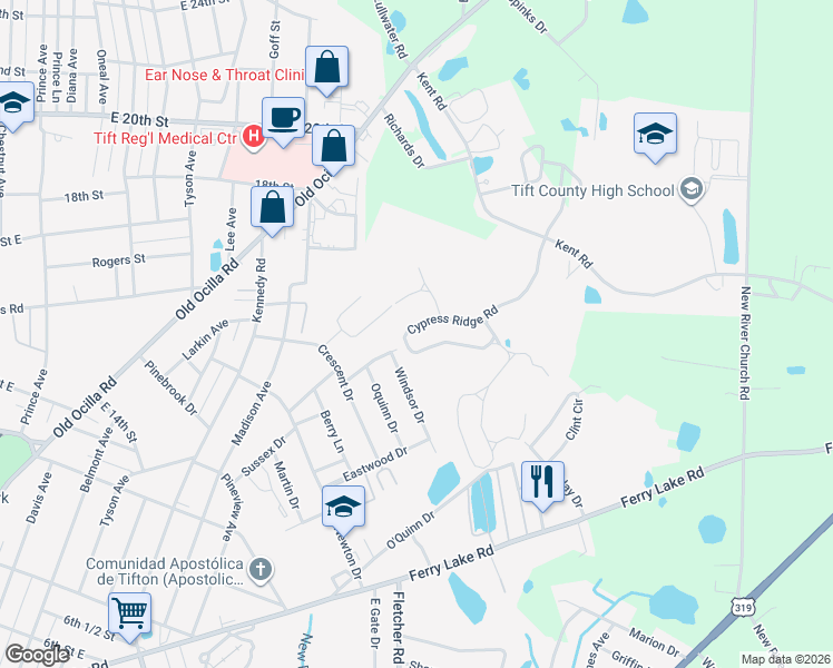 map of restaurants, bars, coffee shops, grocery stores, and more near 125 Cypress Ridge Road in Tifton