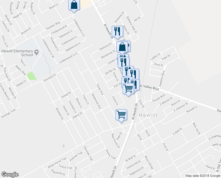 map of restaurants, bars, coffee shops, grocery stores, and more near 222 Zuni Drive in Hewitt