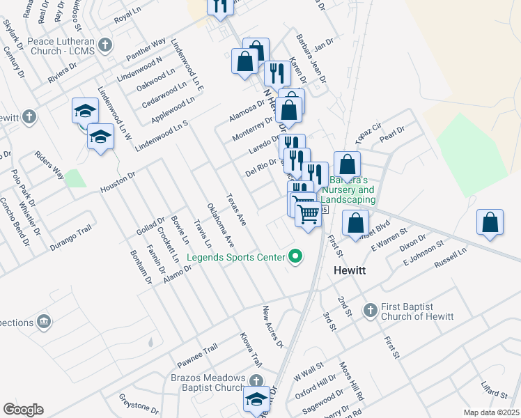 map of restaurants, bars, coffee shops, grocery stores, and more near 230 Zuni Drive in Hewitt
