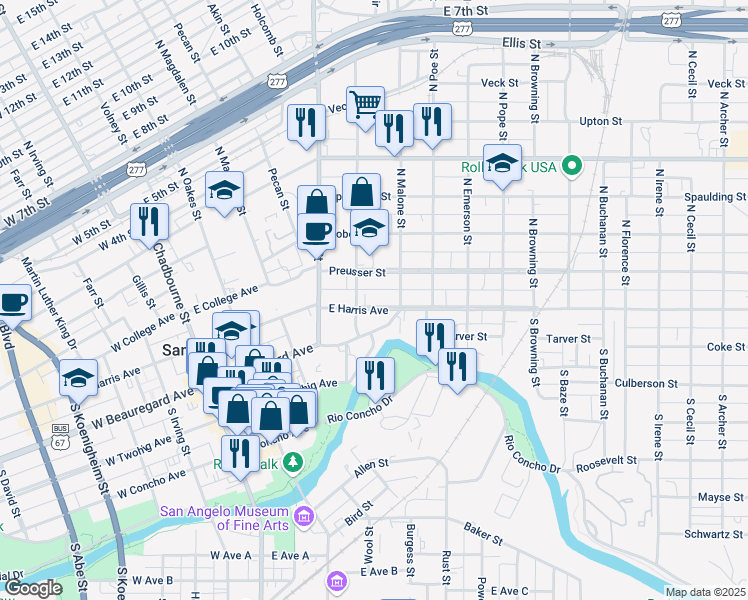 map of restaurants, bars, coffee shops, grocery stores, and more near 412 East Harris Avenue in San Angelo