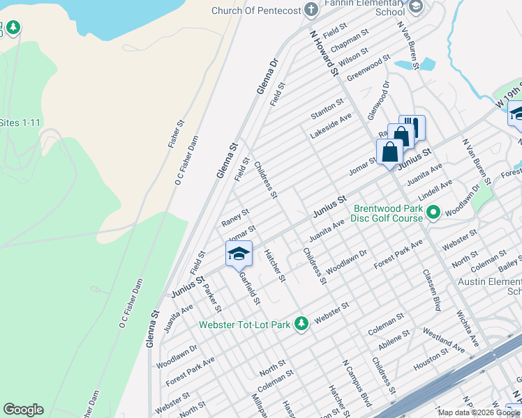 map of restaurants, bars, coffee shops, grocery stores, and more near 2639 Raney Street in San Angelo