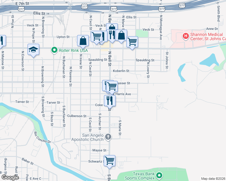 map of restaurants, bars, coffee shops, grocery stores, and more near 1608 East Harris Avenue in San Angelo