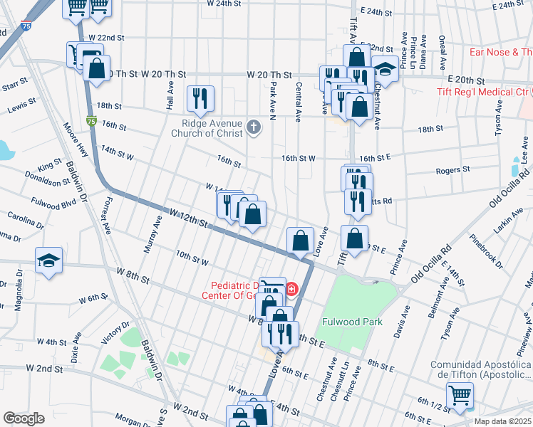 map of restaurants, bars, coffee shops, grocery stores, and more near 204 West 14 Th Street in Tifton