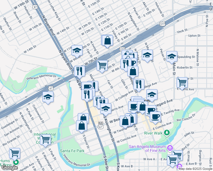 map of restaurants, bars, coffee shops, grocery stores, and more near 215 West 3rd Street in San Angelo
