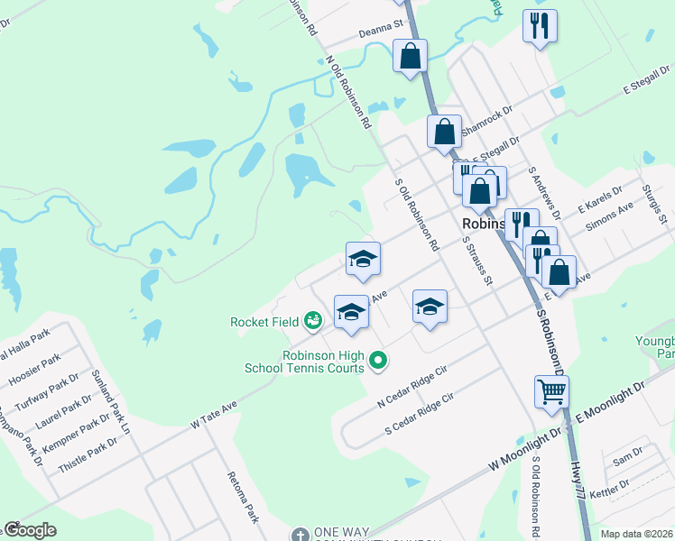 map of restaurants, bars, coffee shops, grocery stores, and more near 500 West Lyndale Drive in Robinson