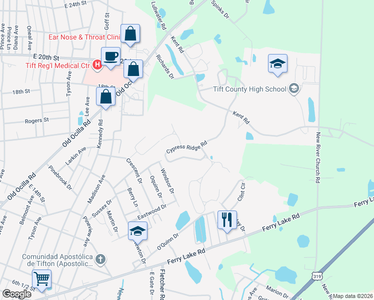 map of restaurants, bars, coffee shops, grocery stores, and more near 216 Cypress Ridge Road in Tifton