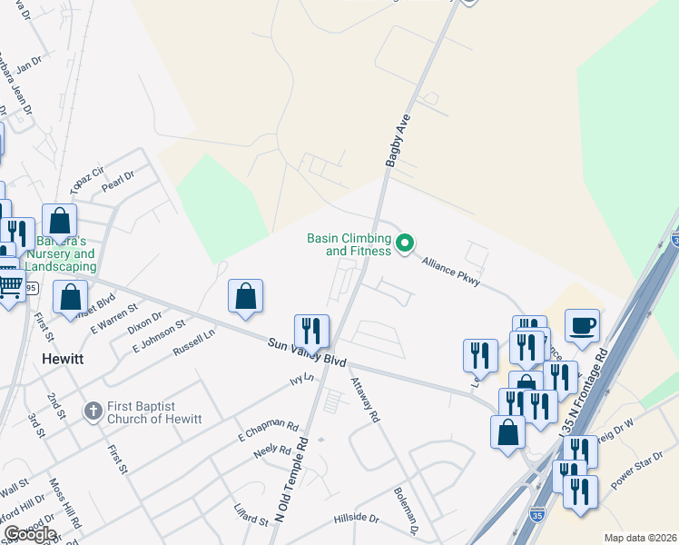 map of restaurants, bars, coffee shops, grocery stores, and more near 803 Chambers Creek Circle in Hewitt