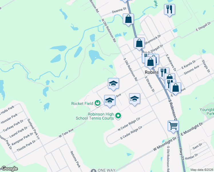 map of restaurants, bars, coffee shops, grocery stores, and more near 500 West Lyndale Drive in Robinson