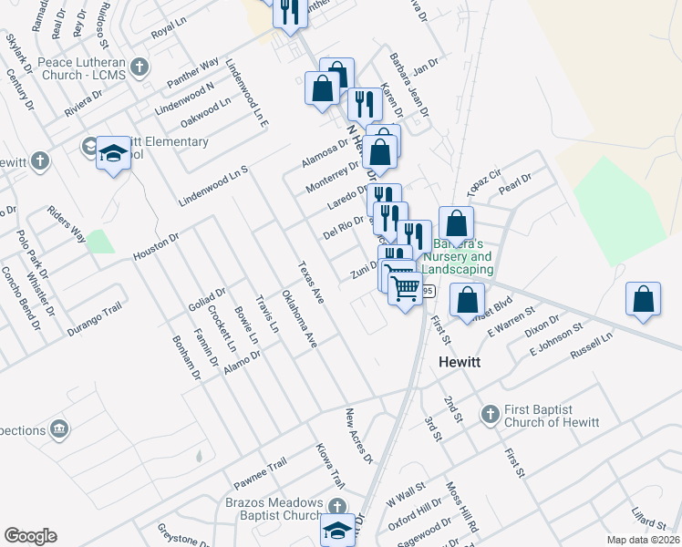 map of restaurants, bars, coffee shops, grocery stores, and more near 222 Zuni Drive in Hewitt