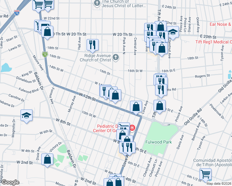 map of restaurants, bars, coffee shops, grocery stores, and more near 1201-1299 North Ridge Avenue in Tifton