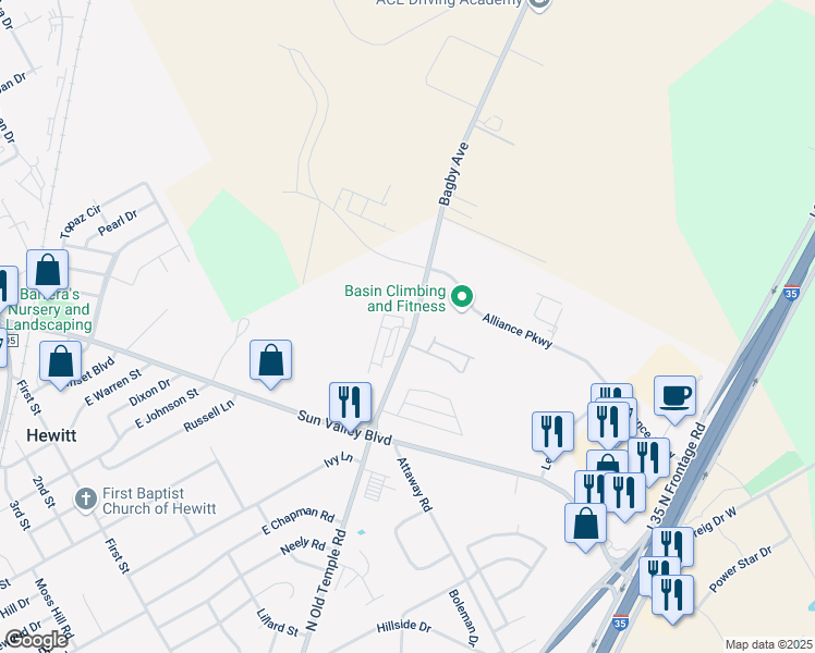 map of restaurants, bars, coffee shops, grocery stores, and more near 805 Chambers Creek Circle in Hewitt