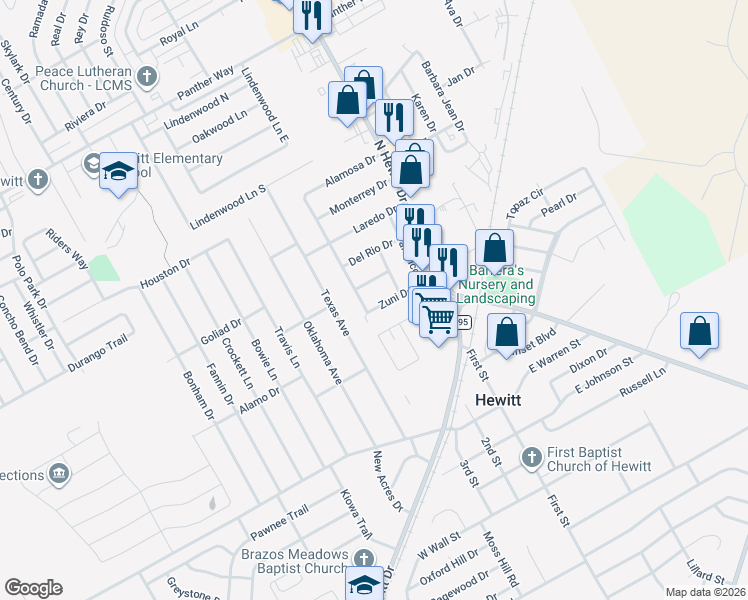 map of restaurants, bars, coffee shops, grocery stores, and more near 222 Zuni Drive in Hewitt