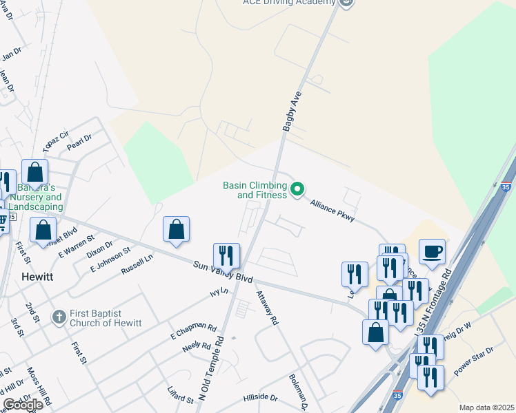 map of restaurants, bars, coffee shops, grocery stores, and more near 803 Chambers Creek Circle in Hewitt