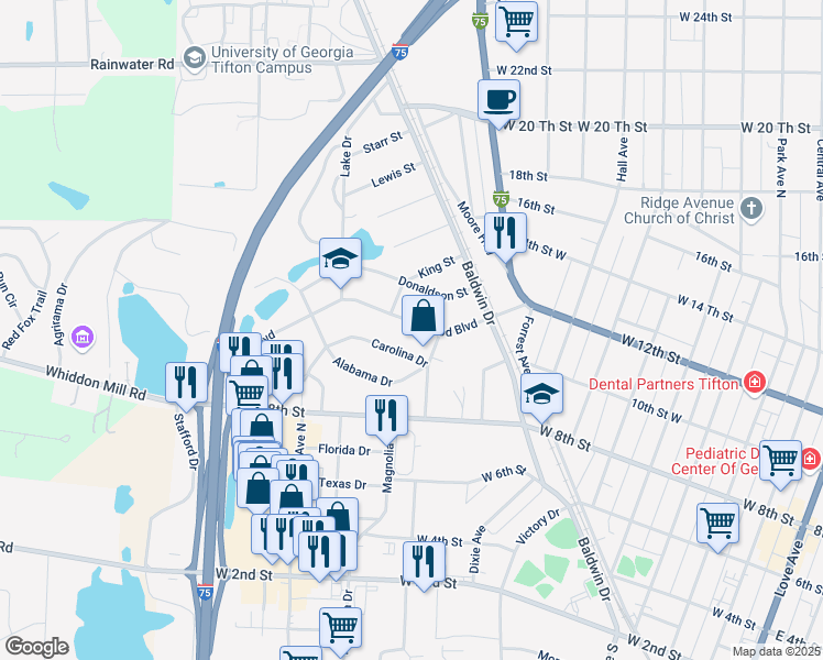 map of restaurants, bars, coffee shops, grocery stores, and more near 214 Carolina Drive in Tifton