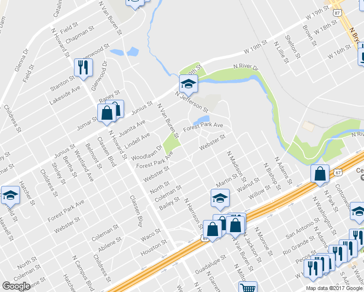 map of restaurants, bars, coffee shops, grocery stores, and more near 1801 Forest Park Avenue in San Angelo
