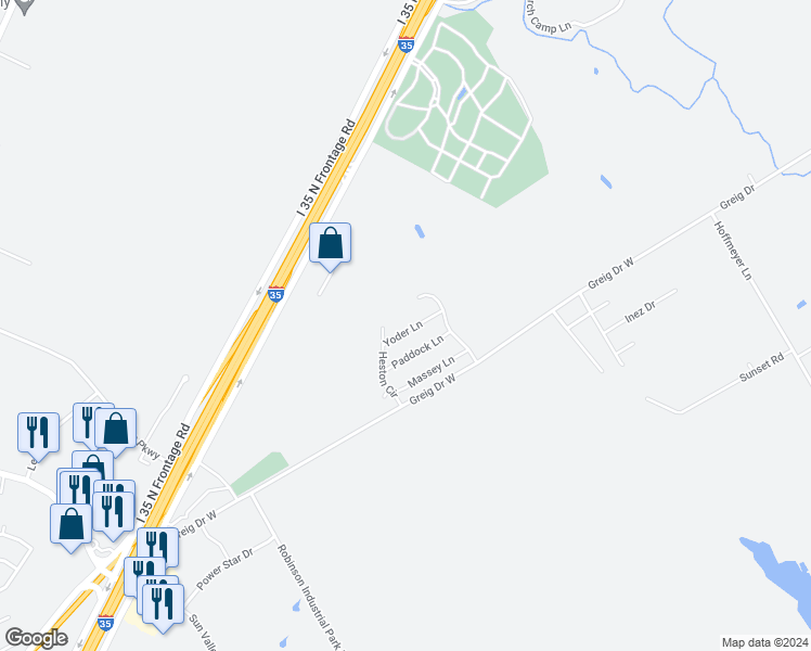 map of restaurants, bars, coffee shops, grocery stores, and more near 2526 Yoder Lane in Waco