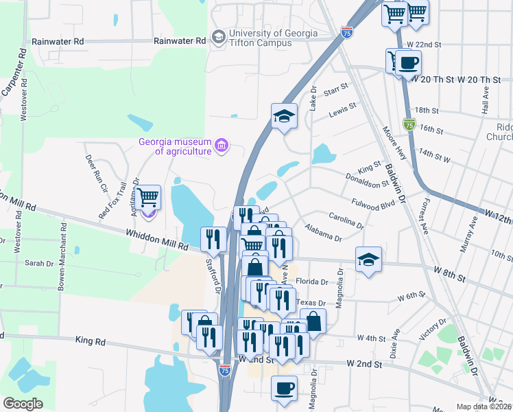 map of restaurants, bars, coffee shops, grocery stores, and more near 445 Fulwood Boulevard in Tifton
