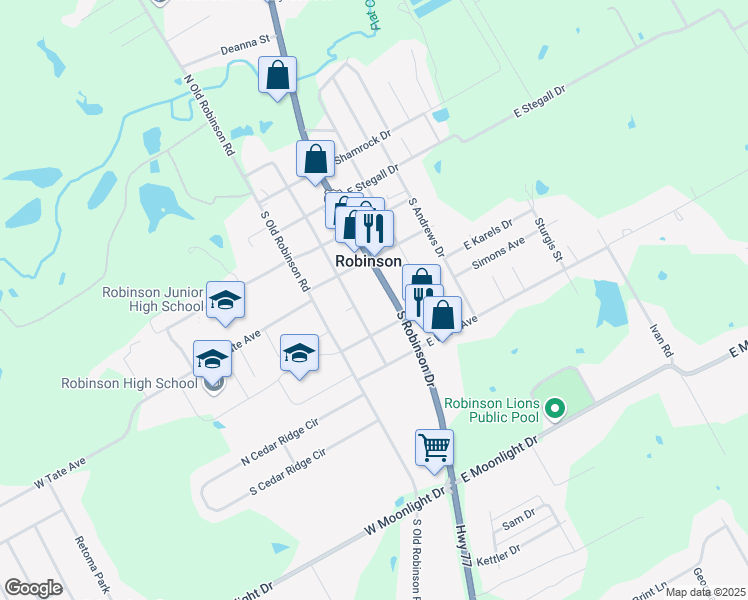 map of restaurants, bars, coffee shops, grocery stores, and more near 415 South Robinson Drive in Robinson