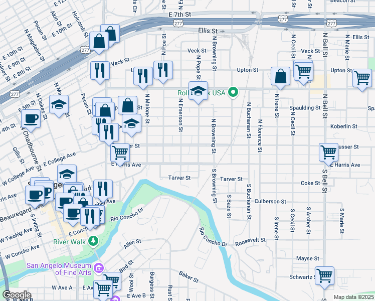map of restaurants, bars, coffee shops, grocery stores, and more near 708 Preusser Street in San Angelo