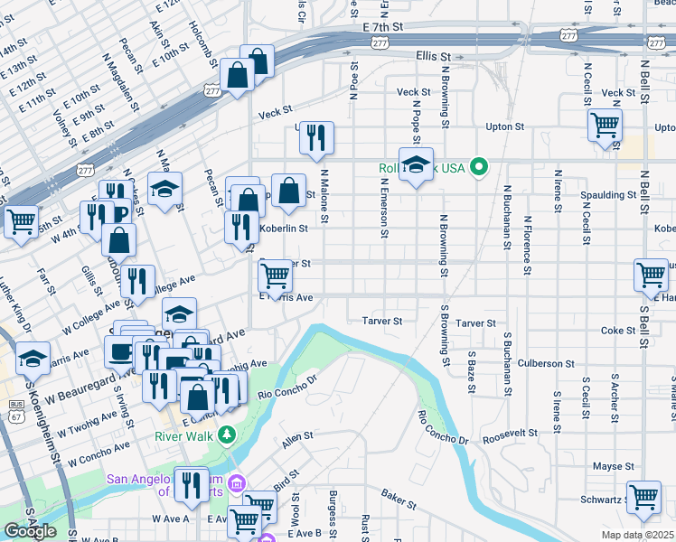 map of restaurants, bars, coffee shops, grocery stores, and more near 514 Preusser Street in San Angelo