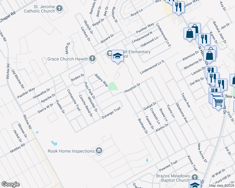 map of restaurants, bars, coffee shops, grocery stores, and more near 169 Houston Dr in Hewitt