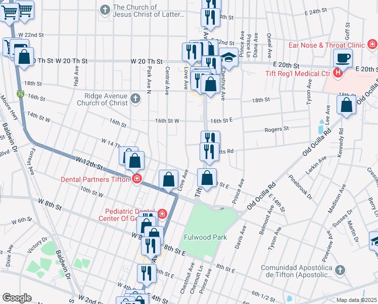 map of restaurants, bars, coffee shops, grocery stores, and more near 1500-1598 Love Avenue in Tifton