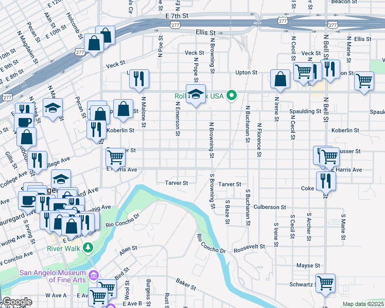 map of restaurants, bars, coffee shops, grocery stores, and more near 731 Preusser Street in San Angelo