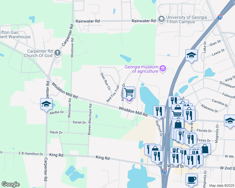 map of restaurants, bars, coffee shops, grocery stores, and more near 1407 Red Fox Trail in Tifton