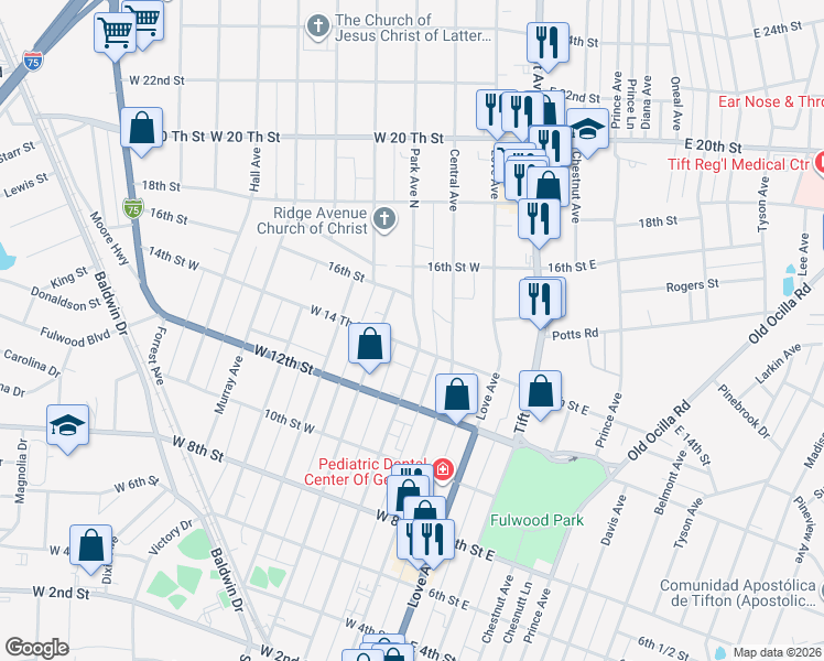 map of restaurants, bars, coffee shops, grocery stores, and more near 1412 North Park Avenue in Tifton