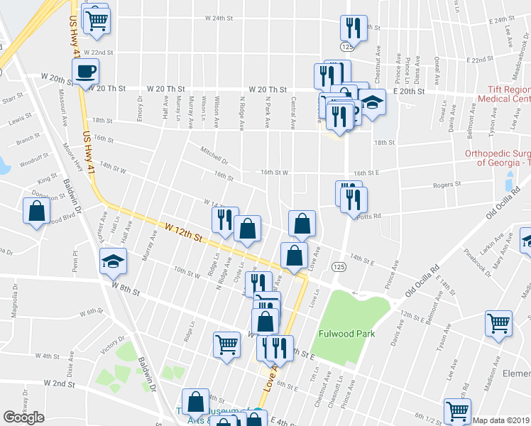map of restaurants, bars, coffee shops, grocery stores, and more near 1406 Park Avenue North in Tifton