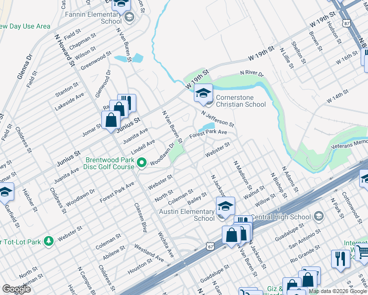 map of restaurants, bars, coffee shops, grocery stores, and more near 1320 North Van Buren Street in San Angelo