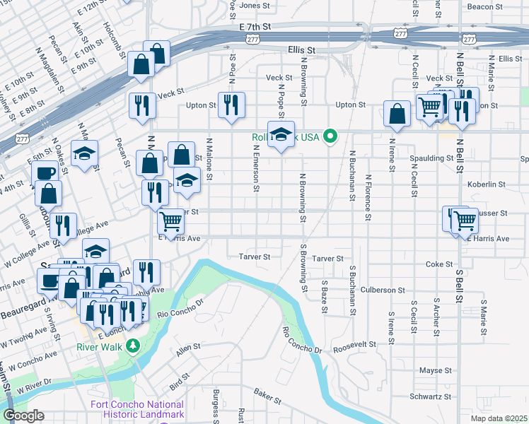 map of restaurants, bars, coffee shops, grocery stores, and more near 731 Preusser Street in San Angelo