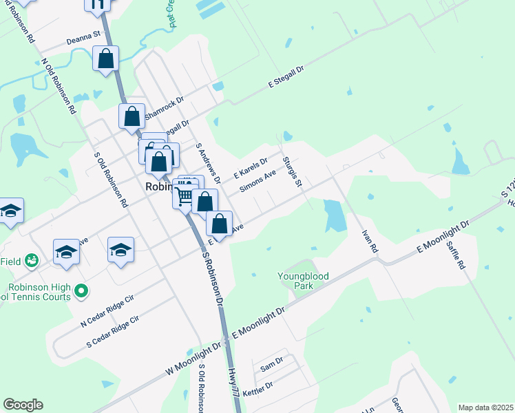 map of restaurants, bars, coffee shops, grocery stores, and more near 603 Dana Street in Robinson