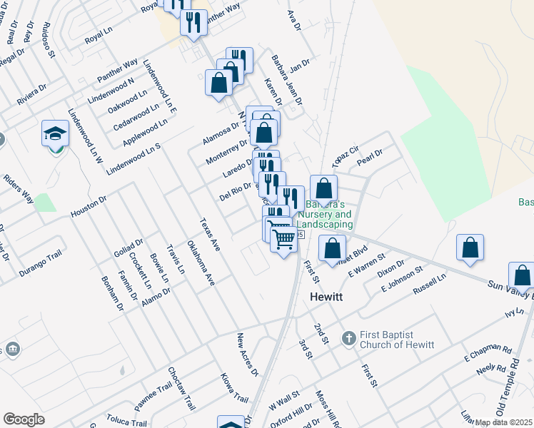 map of restaurants, bars, coffee shops, grocery stores, and more near 201 Tampico Drive in Hewitt