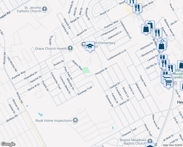 map of restaurants, bars, coffee shops, grocery stores, and more near 169 Houston Drive in Hewitt