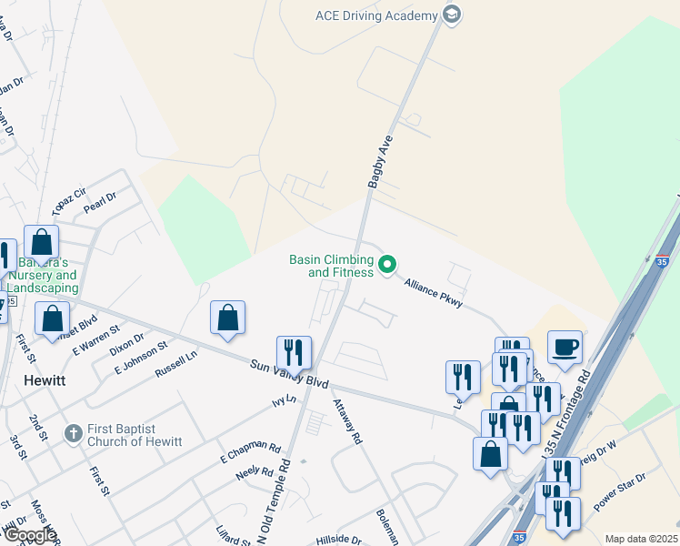 map of restaurants, bars, coffee shops, grocery stores, and more near 901 Lancelot Circle in Hewitt